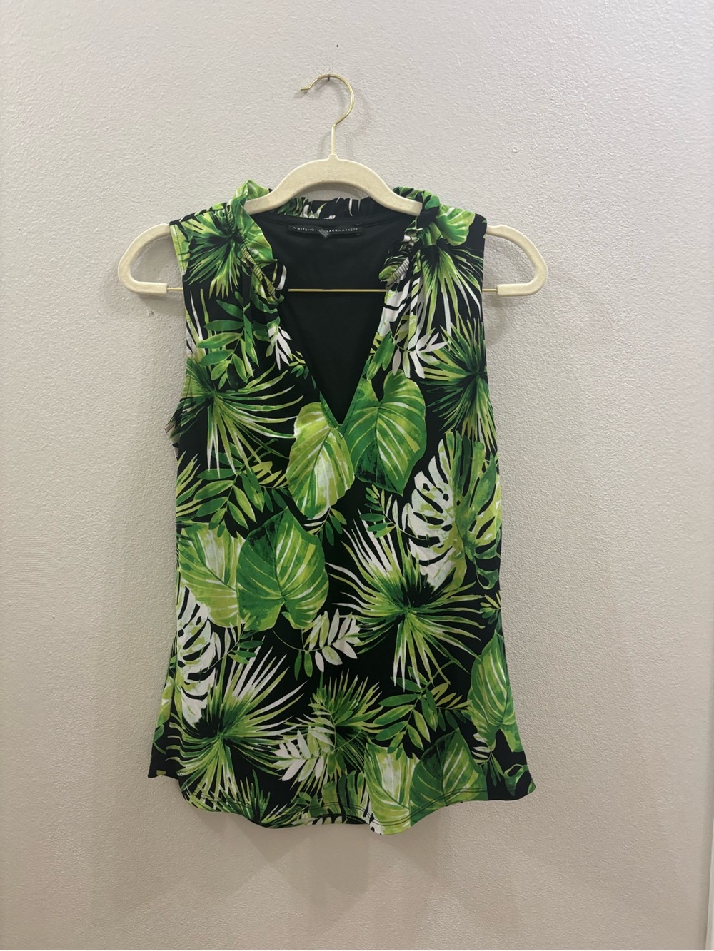 White House Black Market Black and Green Tropical V-Neck Camisole